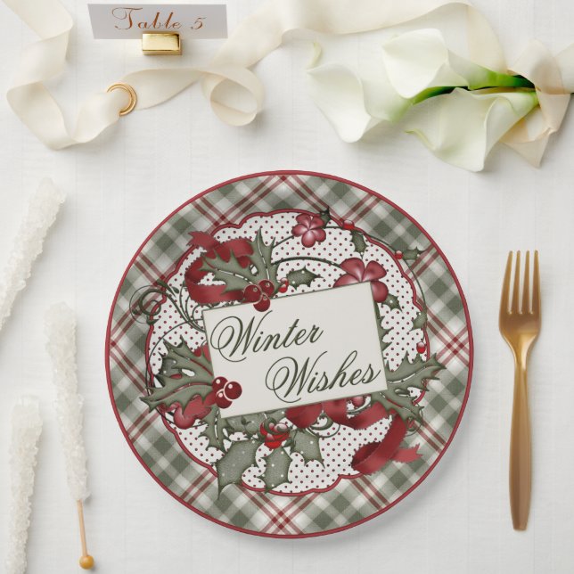 Assiettes En Carton Plaque en papier pour Noël-Holly-WISHES-HIVER (Mariage)