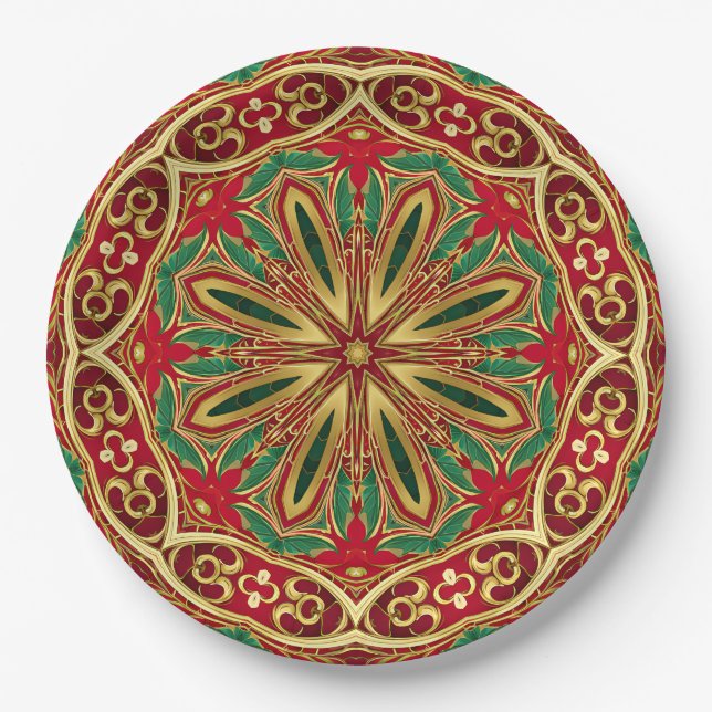 Assiettes En Carton Plaque en papier rouge or Noël (Devant)