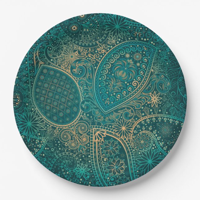 Assiettes En Carton Plaque en papier turquoise ethnique (Devant)