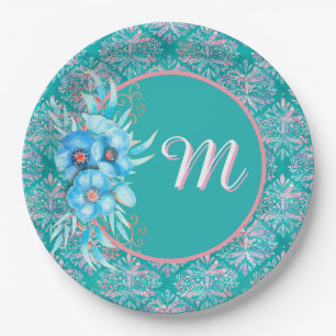 Assiettes En Carton Plaque en papier Turquoise monogramme