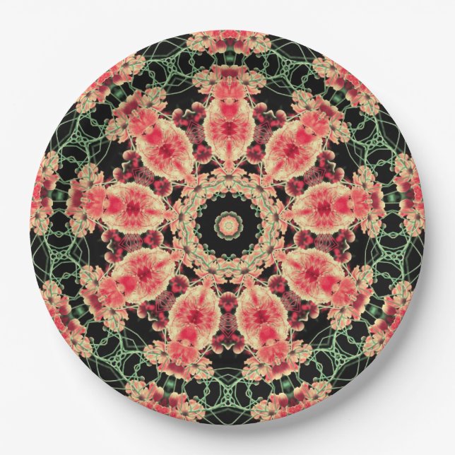 Assiettes En Carton Plaque Kaleidoscope rose et vert foncé (Devant)