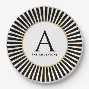 Assiettes En Carton Plaque Monogramme à rayures noir et blanc