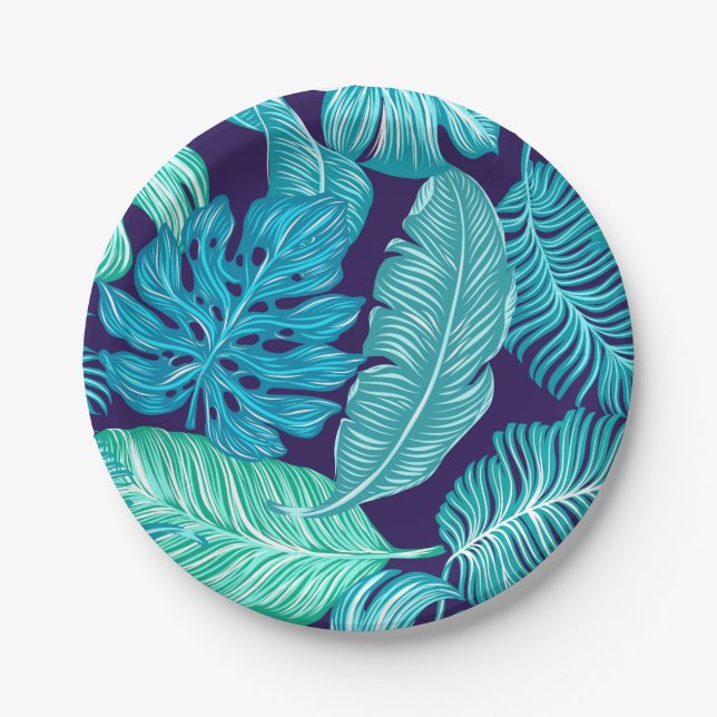 Assiettes En Carton Plaque Motif Tropical Green Blue Feuille (Devant)