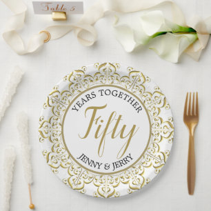 Assiettes En Carton Plaque papier Anniversaire Gold et White classique