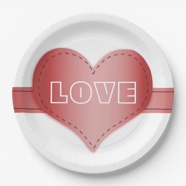 Assiettes En Carton Plaque papier avec ruban rouge Coeur (Devant)