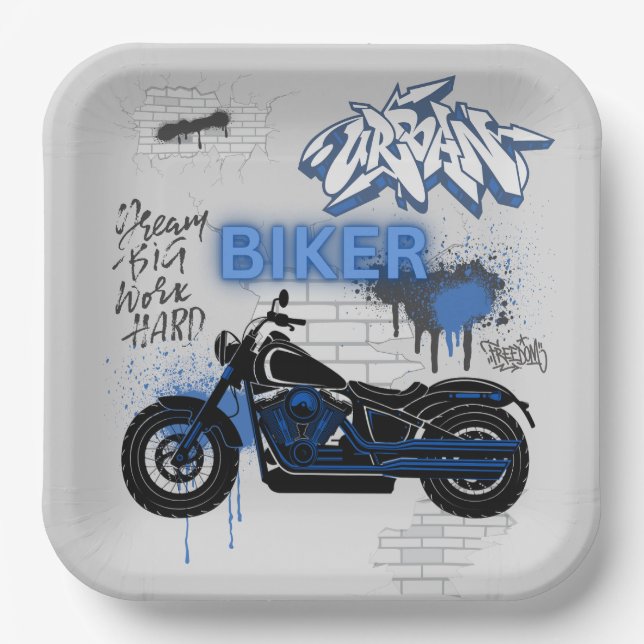 Assiettes En Carton Plaque papier bleu et gris moto (Recto)