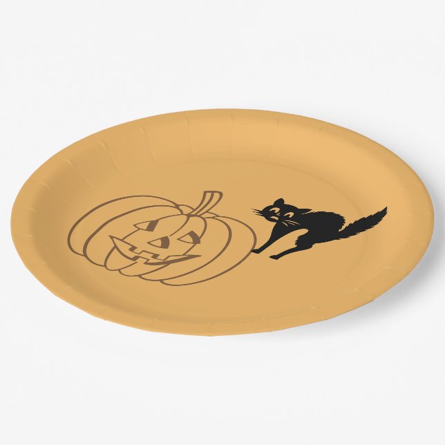 Assiettes En Carton Plaque papier - Citrouille et chat noir (Angle)