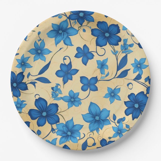 Assiettes En Carton Plaque papier design fleur bleue (Devant)