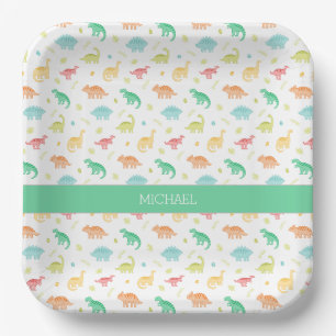 Assiettes En Carton Plaque papier Dinosaure personnalisée - bleu vert