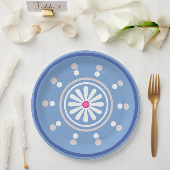 Assiettes En Carton Plaque papier marguerite bleue et blanche (Mariage)