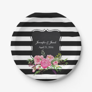 Assiettes En Carton Plaque papier Mariage à rayures et pivoines