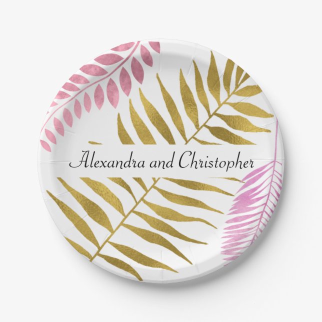 Assiettes En Carton Plaque papier Mariage Tropical Gold & Gold rose (Devant)