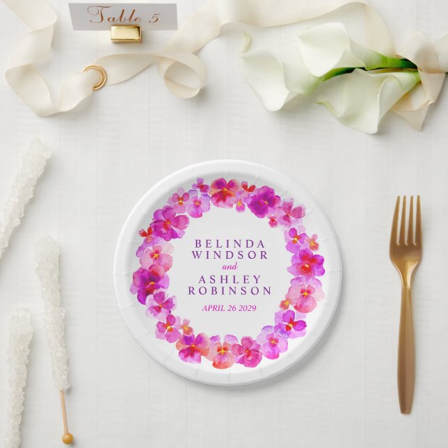 Assiettes En Carton plaque papier personnalisée avec aquarelle rose ma (Mariage)