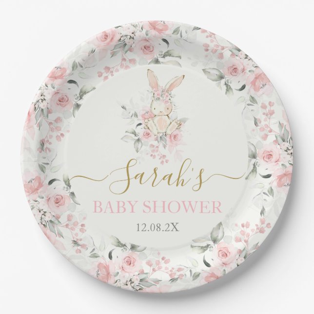 Assiettes En Carton Plaque Papier pour filles Baby shower lapin (Devant)
