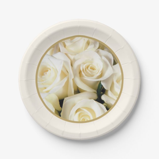 Assiettes En Carton Plaque papier Roses ivoire (Devant)