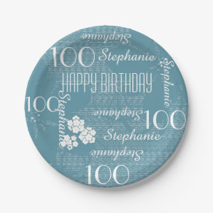 Assiettes En Carton Plaques à papier, 100th floral bleu de fête
