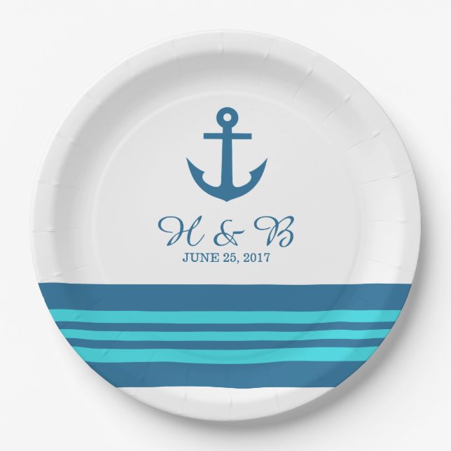 Assiettes En Carton Plaques à papier d'Ancre nautique bleue de (Devant)