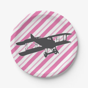 Assiettes En Carton Plaques à papier d'avion vintage rose et gris