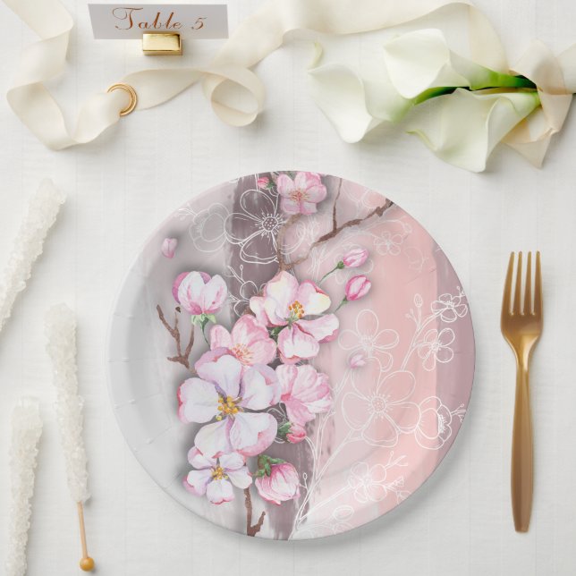 Assiettes En Carton Plaques Abstraites en fleurs de cerisier (Mariage)