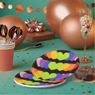 Assiettes En Carton Plaques Black Party avec coeur arc-en-ciel 