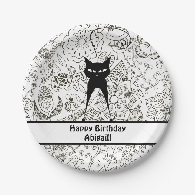 Assiettes En Carton Plaques d'anniversaire de chat noir et blanc perso (Devant)