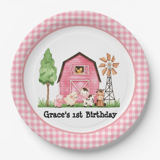 Assiettes En Carton Plaques d'anniversaire de la ferme rose (Devant)