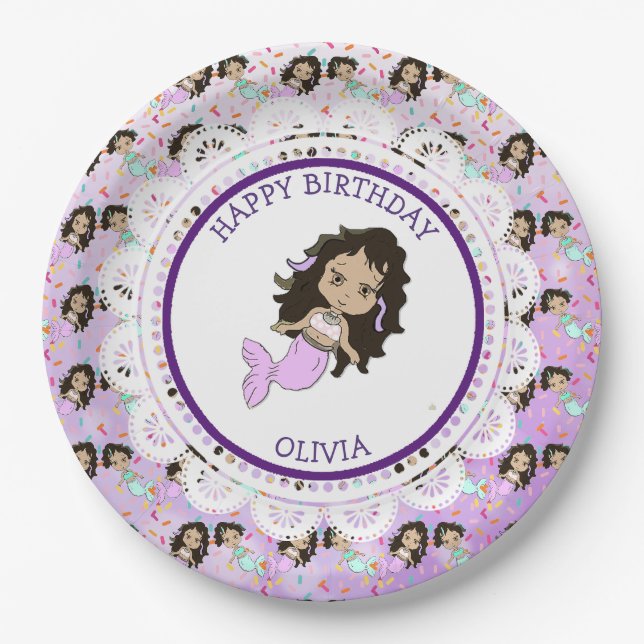 Assiettes En Carton Plaques d'anniversaire de sirène pourpre personnal (Devant)