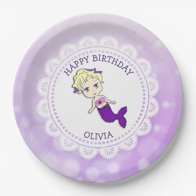 Assiettes En Carton Plaques d'anniversaire de sirène pourpre personnal (Devant)