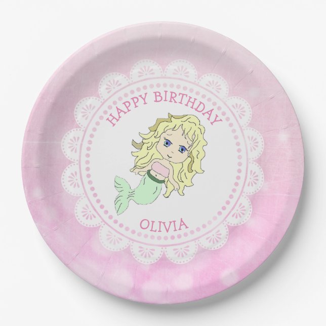 Assiettes En Carton Plaques d'anniversaire de sirène rose personnalisé (Devant)