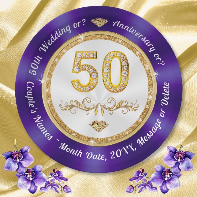 Assiettes En Carton Plaques de dessert du 50e anniversaire ou dîner de (50th wedding anniversary paper plates. Golden anniversary party supplies. Purple 50th anniversary.)
