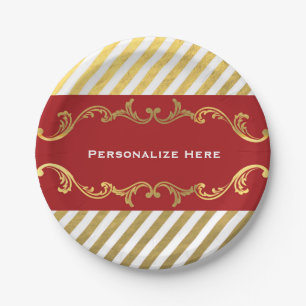 Assiettes En Carton Plaques de Fêtes de Noël Rouge & Or rayées