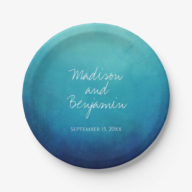 Assiettes En Carton Plaques de gâteau Mariage personnalisées Blue Ombr (Devant)