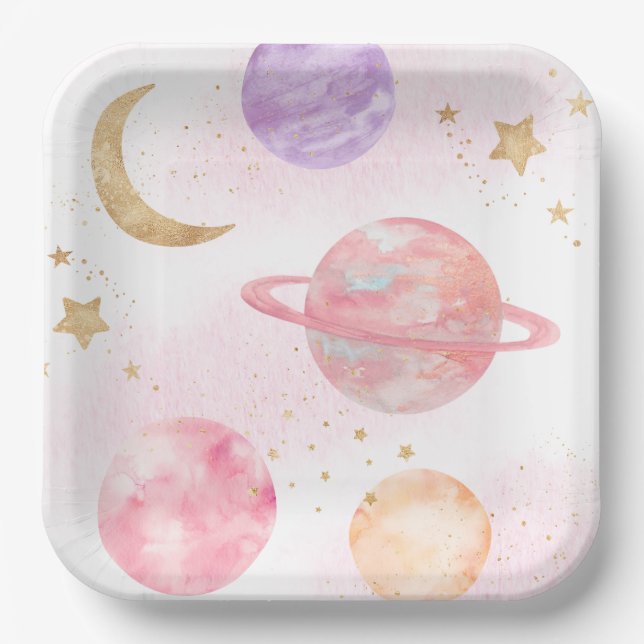 Assiettes En Carton Plaques de la Fille de l'espace rose (Recto)