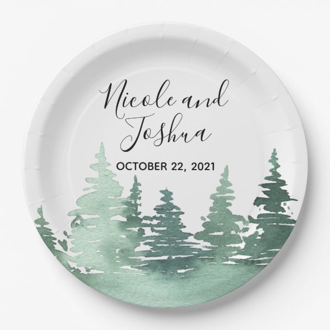 Assiettes En Carton Plaques de mariage de forêt rustique aquarelle (Devant)