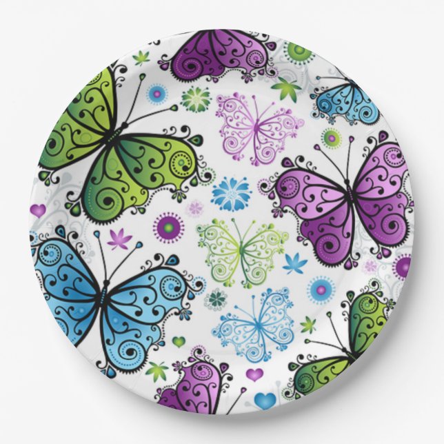 Assiettes En Carton Plaques de papier à fleurs et papillons (Devant)