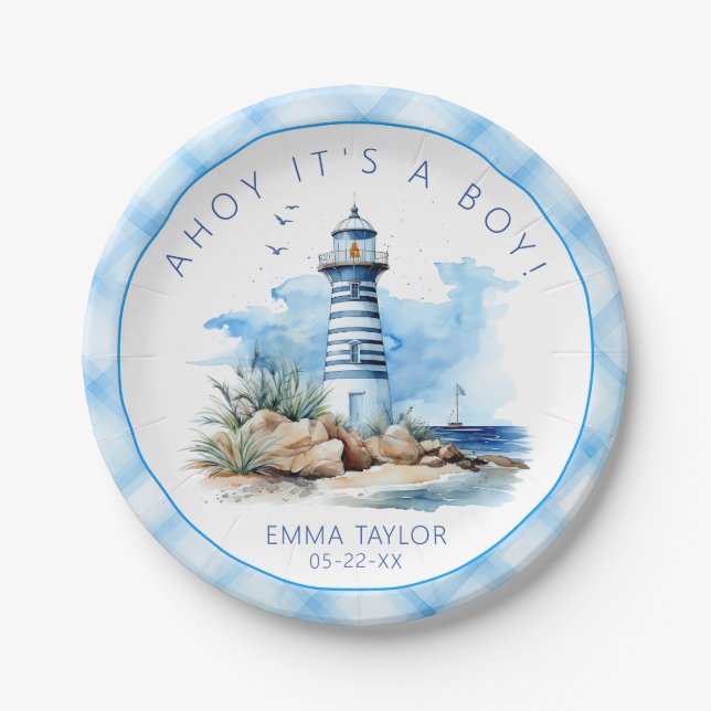 Assiettes En Carton Plaques de papier Baby shower de phare bleu marine (Devant)