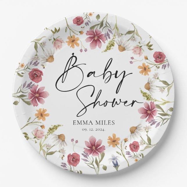 Assiettes En Carton Plaques de papier Baby shower fleur sauvage (Devant)