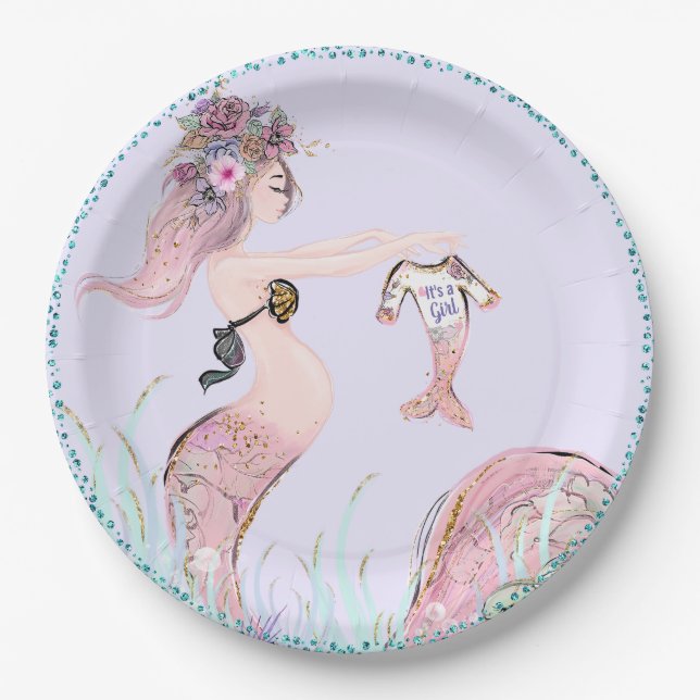 Assiettes En Carton Plaques de papier Baby shower Mermaid Maman (Devant)