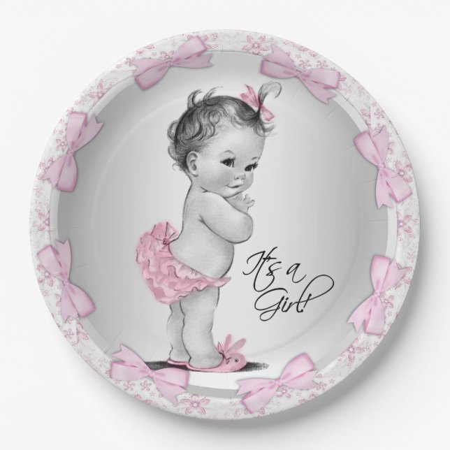 Assiettes En Carton Plaques de papier Baby shower rose gris (Devant)