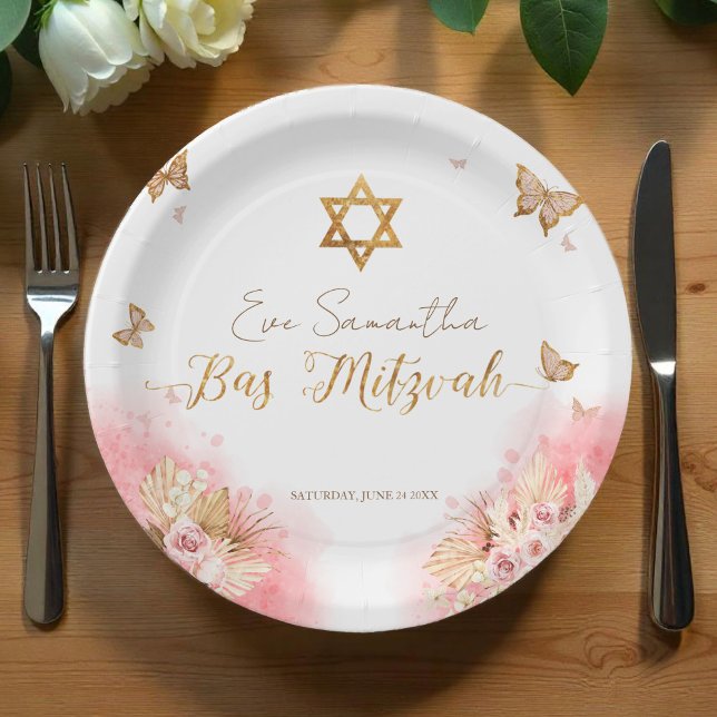 Assiettes En Carton Plaques de papier bat mitzvah | Papillons blancs r (Créateur téléchargé)