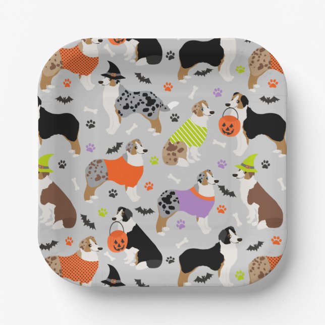 Assiettes En Carton Plaques de papier berger australienne d'Halloween (Recto)