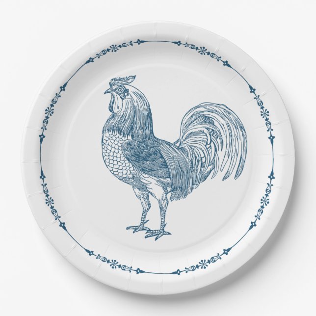 Assiettes En Carton Plaques de papier bleu rustique coq pays (Devant)