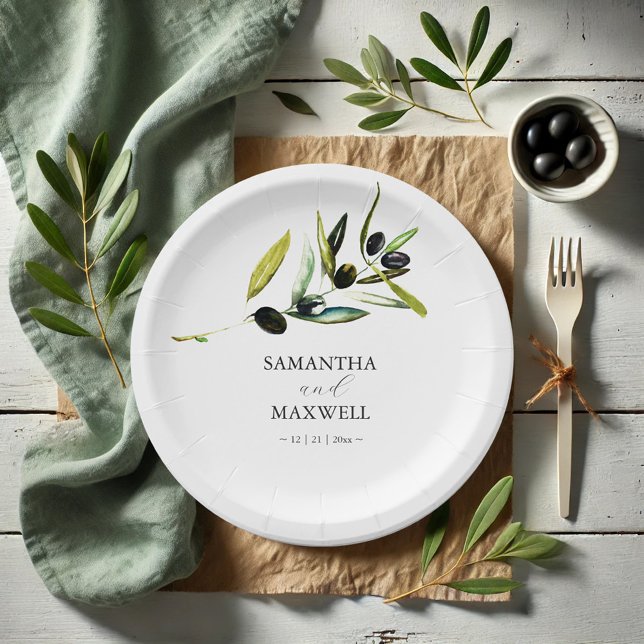 Assiettes En Carton Plaques de papier Botanique Olive Branche de verdu (Paper plates watercolor olive branch art by Victoria Grigaliunas Do Tell A Belle bride and groom)