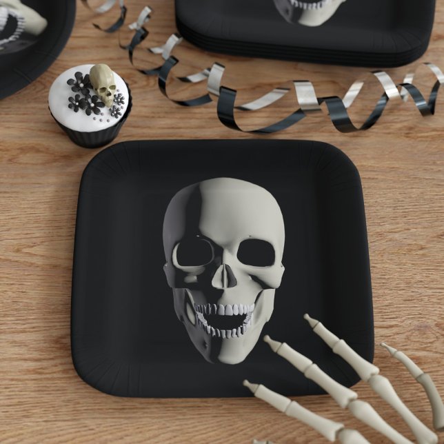 Assiettes En Carton Plaques de papier Carré noir Halloween crâne (Fun square paper plates for Halloween parties! Spook your guests with these)