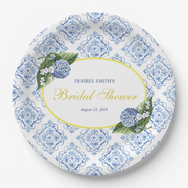 Assiettes En Carton Plaques de papier Carrelage bleu Hydrangeas (Devant)