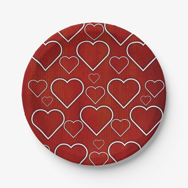 Assiettes En Carton Plaques de papier, Coeurs rouge et blanc (Devant)