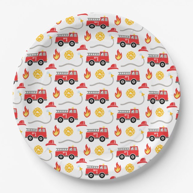Assiettes En Carton Plaques de papier d'anniversaire de camion-feu (Devant)
