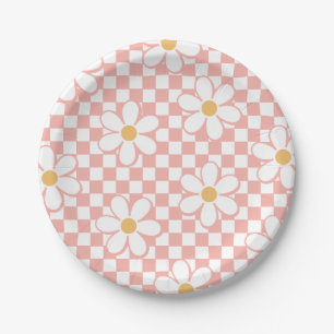 Assiettes En Carton Plaques de papier d'anniversaire rose Retro Checke