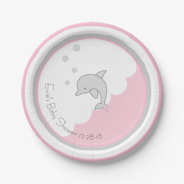 Assiettes En Carton Plaques de papier "Dolphin rose/gris" (Devant)