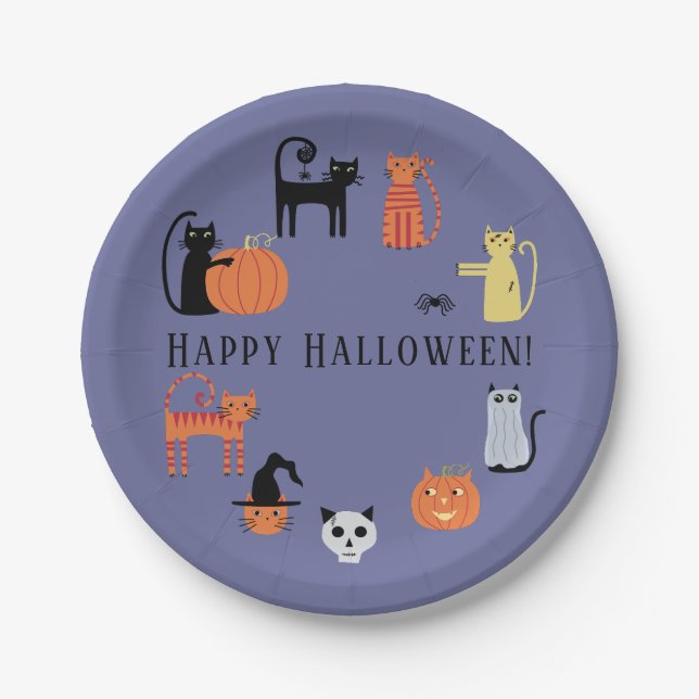 Assiettes En Carton Plaques de papier Éffrayant Halloween Chat (Devant)